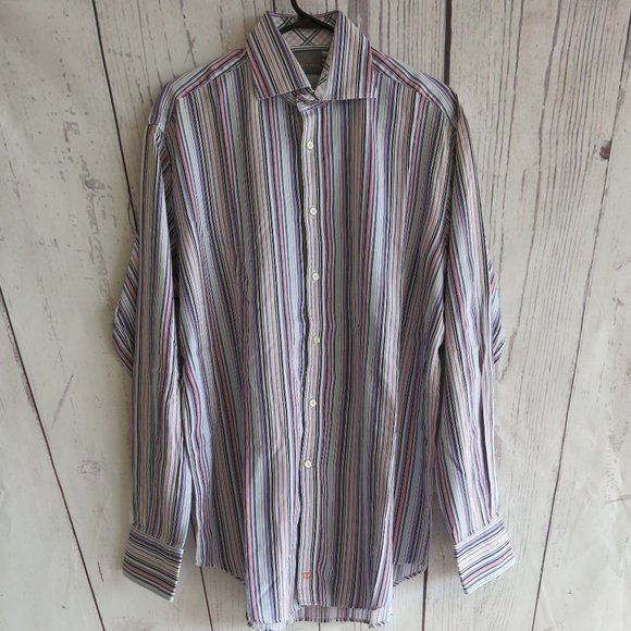 TD Thomas Dean Multi Color Stripe Button Down Long Sleeve Shirt - Size Large - Picture 1 of 5
